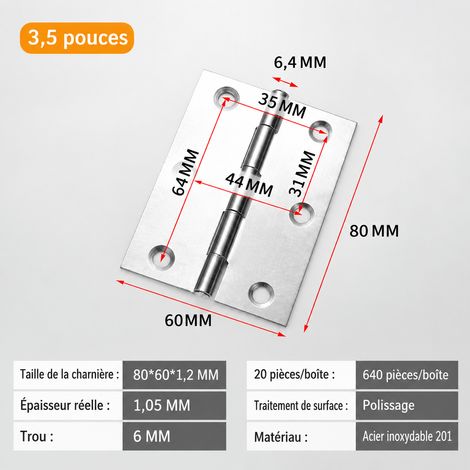 Charnière plate en acier inoxydable 3,5 pouces 6 trous 80x60 mm épaisseur 1,2 mm 3.5 6 1.2 80 110 g – Livraison gratuite