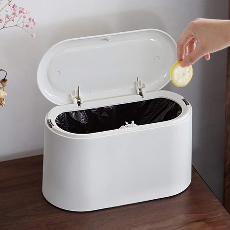 Poubelle Mini avec Couvercle - Poubelle à Pression pour Bureau - Contenant Intérieur Amovible en Plastique - Forme Ovale ou Rectangulaire - Blanc - 1 Pièce