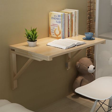 1 Table murale pliante, plateau bois 60x40 cm, supports métalliques stables, bureau cuisine salon (1/5)