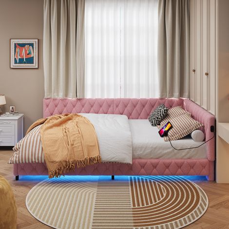 Canapé-lit Rembourré 140 x 200 cm avec LED et USB en forme de L, Lit Banquette 2 Places 140 x 200 cm avec Sommier à Lattes, Lit Double en Tissu Velours Teddy , Sans Matelas (1/5)