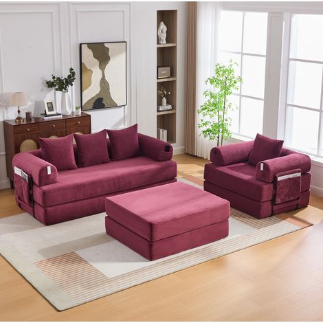 Divano modulare 4 posti in velluto a coste rosso vino con pouf, struttura in metallo e tasca laterale,200x190x67 cm (1/5)