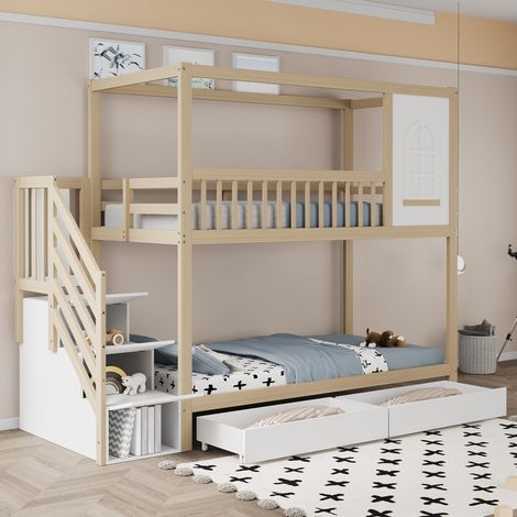 Litera infantil de madera color natural 90x200 cm con escalera segura, cajones de almacenaje y somieres incluidos