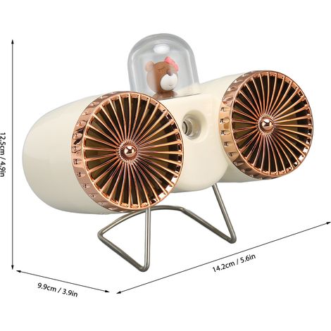 Ventilateur double tête portable USB-C recharge rapide, 3 vitesses, brumisateur, lampe de nuit, beige pour dortoir et bureau (1/5)