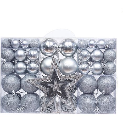 Confezione da 101 robuste decorazioni natalizie in plastica per albero di Natale, per interni ed esterni, colore argento. (1/5)