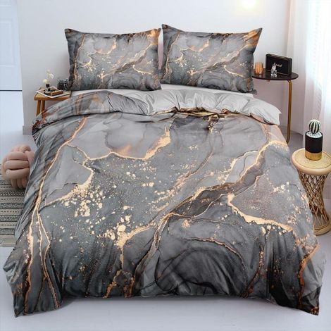 Bettwäsche 200x200 cm 3tlg Marmor Grau Gold Mikrofaser mit Reißverschluss