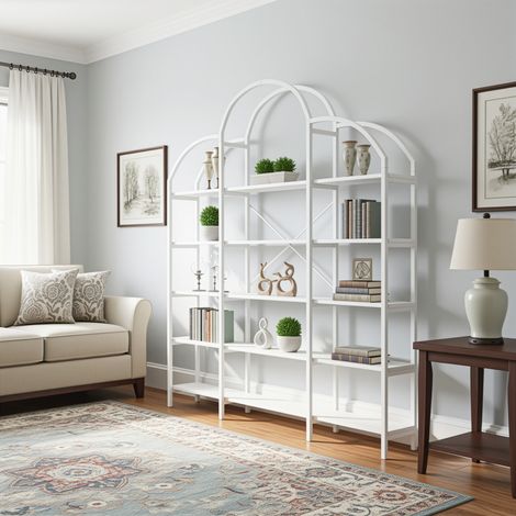 Étagère 170x26x190cm blanc acier MDF,cinq niveaux de rangement forme nuageuse,facile à assembler et nettoyer.