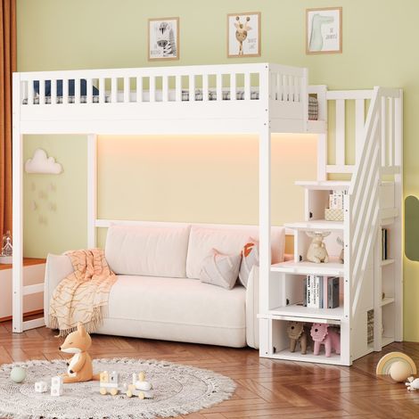 Lit Mezzanine 90x200cm - Escalier de Rangement Réversible - Barrières de Sécurité - Éclairage LED - Bois Massif Pin Blanc (1/5)