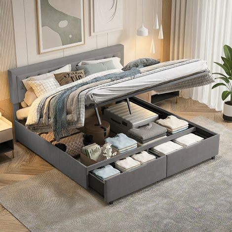 Fortuna Lai – Lit coffre 160x200 avec 2 tiroirs – Sommier à lattes en bois massif – Rangement pratique sous le lit – Velours capitonné gris