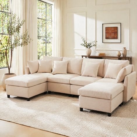 Divano modulare convertibile a U o L, 4-6 posti, beige, in ciniglia DESVIAE (1/5)