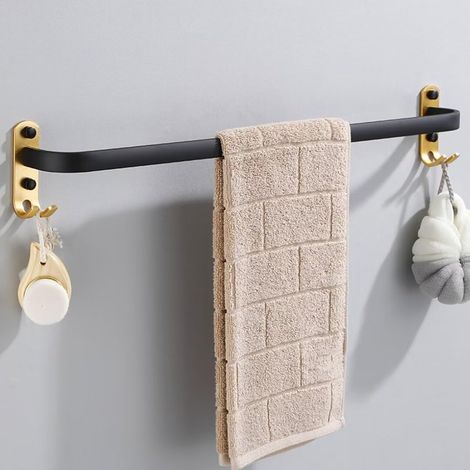 Porte-Serviettes Mural avec 2 Crochets Porte Serviettes Salle de Bain Etagères Serviette en Aluminium Noir + Or 1 Couche 30cm