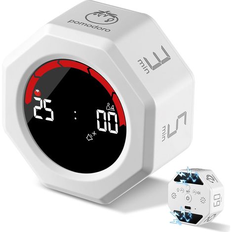 Minuteur Pomodoro Rechargeable USB C, Minuteur de Cuisine Numérique à Gravité, Octogonal Magnétique, 8 Modes Préréglés, 3 Niveaux de Volume pour Étude, Bureau et Cuisine (1/5)