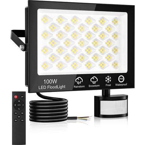 LED-Flutlicht mit Bewegungsmelder, 100 W, 10000 lm, Kaltweiß, IP66 wasserdicht, Fernbedienung für Garten oder Garage (1/5)
