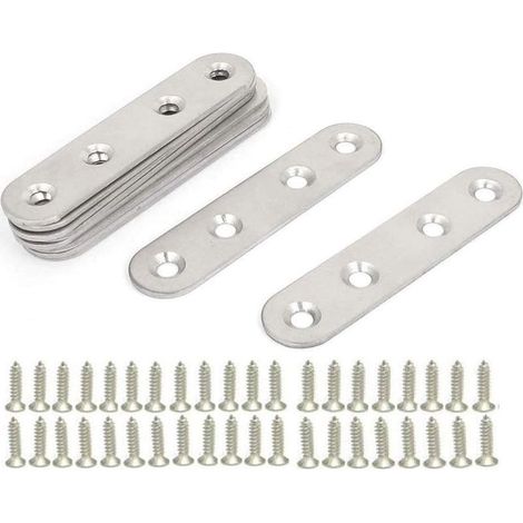 Soportes planos de acero inoxidable, 10 piezas de patas de metal para ensamblaje, soportes de fijación planos y rectos, placas metálicas, soportes de esquina planos, con 40 tornillos, para reparación, (1/5)