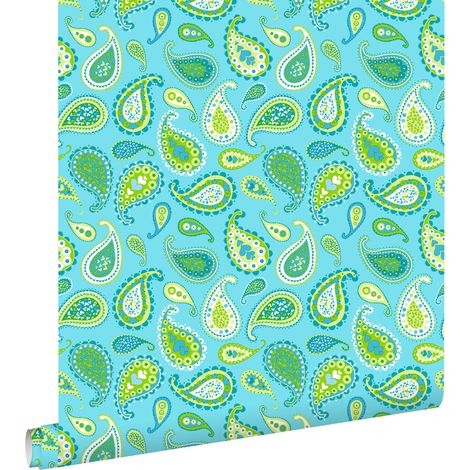 papier peint paisleys turquoise et vert citron - ESTAhome (1/5)