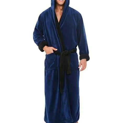 1 peignoir homme, polaire épaisse en peluche, col V et ceinture, uni bleu/noir, taille M (1/5)