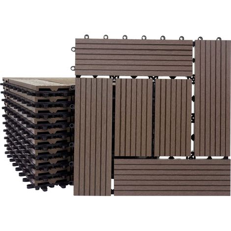 Carrelage de sol WPC balcon terrasse aspect bois 11 pièces 30x30cm 1m² décalage en teck couleur café 040005437