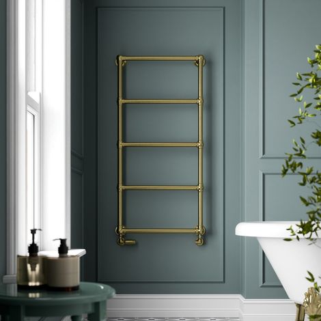 1200 x 600mm Traditional Heated Towel Rail Radiator Central Heating Bathroom Warmer Wall Mounted Ladder Brushed Brass (1/4)