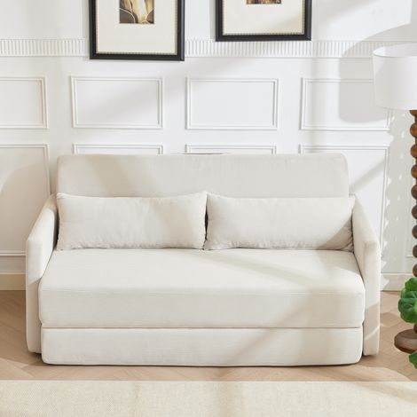 Zweisitzer Sofabett (165x92x82 cm), platzsparend, mit zwei Lendenkissen und Magazintaschen, Cordstoff, Beige (1/5)