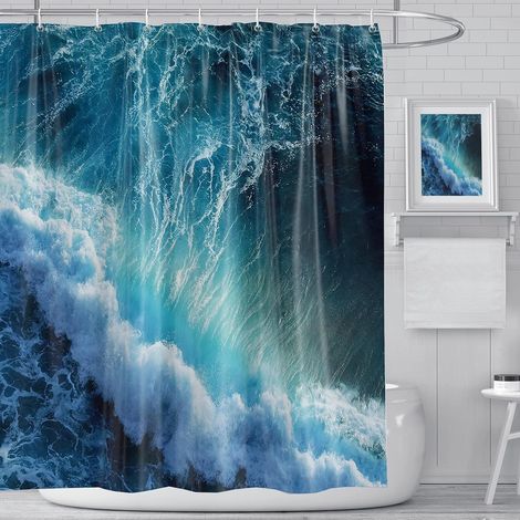 Schimmelresistenter blauer Duschvorhang mit 3D-Meereswellenmuster, 12 Haken, 180 x 180 cm, für Badezimmer, Duschraum, Badewanne (1/5)