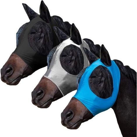 Pack de 3 máscaras antimoscas para caballos: máscaras antimoscas para caballos co，adecuadas para caballos de tamaño mediano (azul，negro，azul，gris (1/5)