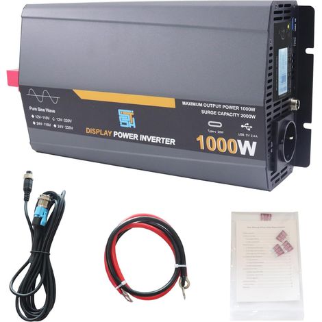 Onduleur sinusoïdal pur 1000 W 12 V vers 230 V Convertisseur de voiture Onduleur solaire indépendant du réseau avec écran LCD, 1 type C, 1 port USB, télécommande, puissance de crête 2000 W (1/5)