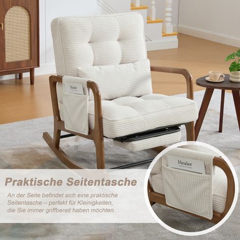 Fauteuil à bascule moderne avec repose-pieds, siège bébé en velours côtelé à poches latérales, chaise lounge ergonomique avec coussin lombaire et dossier réglable – pour salon, chambre et chambre d’en (1/5)