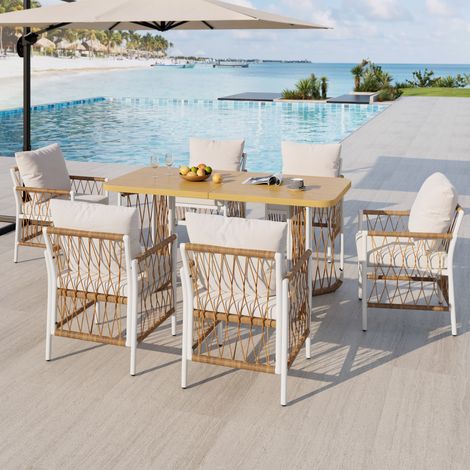 Gartenmöbel-Set Rattan 1 Tisch 6 Stühle mit Polster OKMYHOME (1/5)