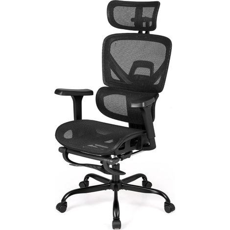 Sedia da ufficio ergonomica in rete con poggiapiedi, nera