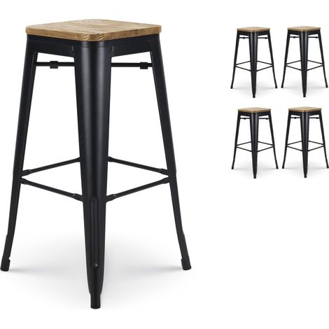 Set mit 4 Barhockern aus mattschwarzem Metall im Industriestil und Sitz aus hellem Holz - Höhe 76 cm