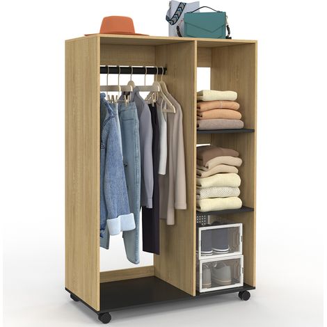 Idmarket – Dressing penderie RACHEL 80 cm – Largeur 40 cm – Hauteur 120 cm – 2 étagères – Roulettes pour mobilité – Hêtre et noir