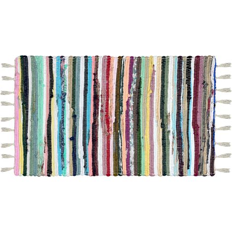 Tappeto Passatoia Multicolore Con Nappe Cotone Naturale Fatto a Mano Etnico Strisce Multicolore Rettangolare Chindi Stracci Riciclato Soggiorno Ingresso Cucina Scendiletto Multicolor - 50x140Cm
