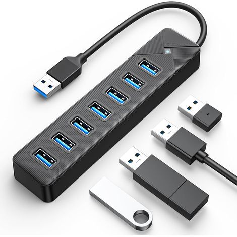 Hub USB 3.0, 7 Ports Adaptateurpour USB Adaptateur 5Gbps, avec Port d'alimentation 5V/3A, Compatible avec MacBook, PS4, Surface Pro, Flash Drive, Mobile HDD,(Câble Noir 15cm) (1/5)
