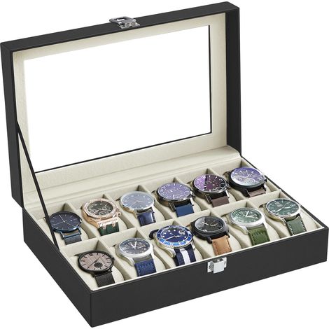 Boîte à montres à 12 compartiments, avec grand couvercle en verre, coussins de montres amovibles, simili cuir noir, doublure beige (1/5)