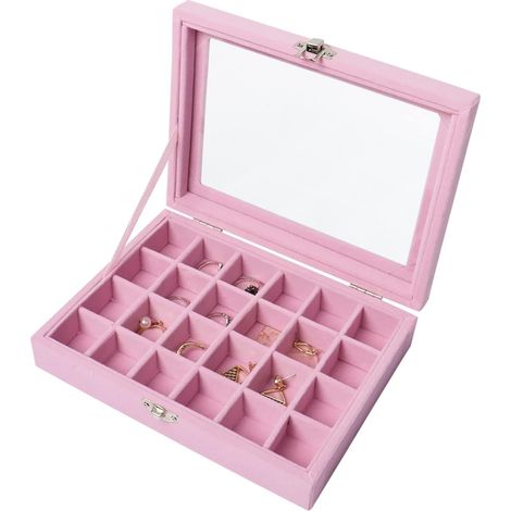 Boîte de rangement pour boucles d'oreilles à 24 compartiments, boîte à bijoux en velours, présentoir pour bagues, boucles d'oreilles, bijoux et pendentifs, rose