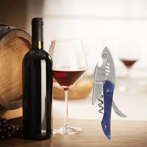 Ouvre-bouteille en acier inoxydable, ouvre-bière multifonctionnel, accessoire pour le vin, couteau hippocampe avec manche en résine bleue. (1/5)