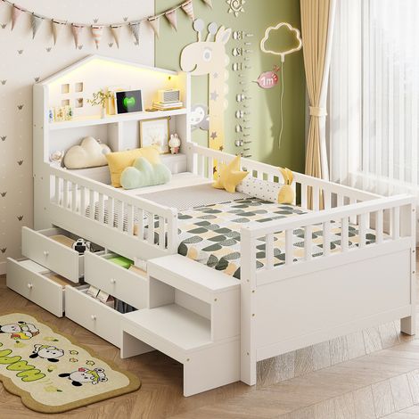 Lit enfant 90/200 cm blanc en bois massif avec tiroirs, marches, éclairage à diodes et prises de charge (1/5)