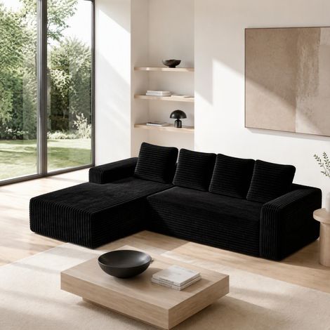 Sofá esquinero modular 261x171x58 cm de tela negra, ahorra espacio FloraGrace (1/5)