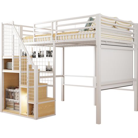 Lit mezzanine 140x200 en métal blanc avec échelle de sécurité, rangement intégré et garde-corps haut, idéal pour chambre enfant ou ado - CHICFURN (1/5)