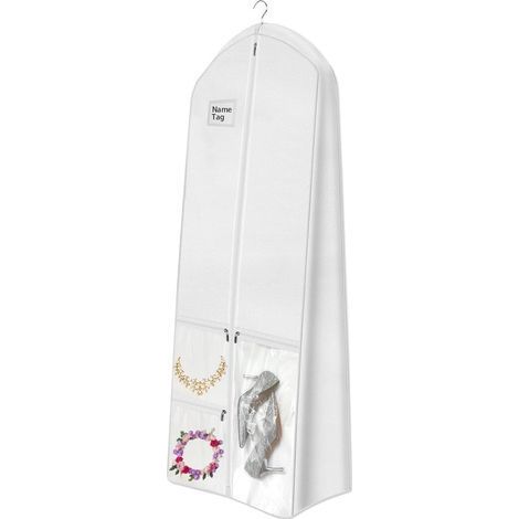 Housse blanche pour robe de mariée de 183 cm avec soufflets de 26 cm, 4 poches, idéale pour les robes longues de mariée (1/5)