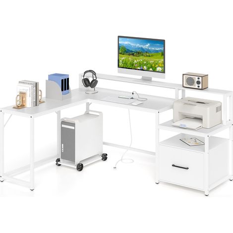 COSTWAY L-shaped Desk Home Office Desk with File Drawer & Power Outlet-White (1/5)
