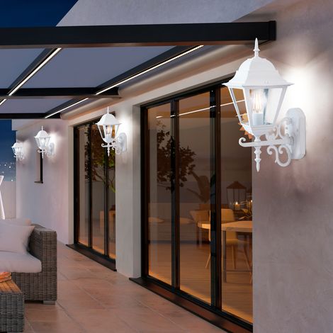 4er Set Laternen Haus Wand Beleuchtungen weiß Glas Antik Stil Garten Strahler Alu schwarz Leuchten