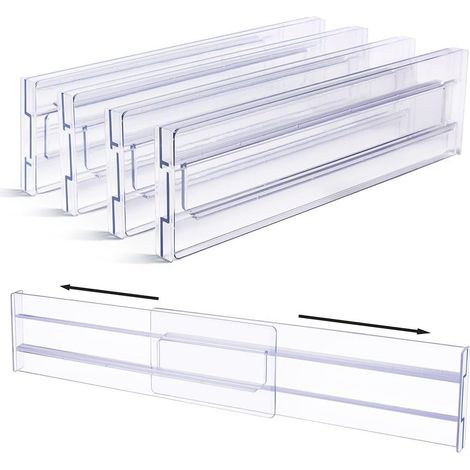 Divisori per cassetti in plastica, organizer trasparenti regolabili per cassetti, per riporre cassettiere in cucina e camera da letto, confezione da 4 (1/5)
