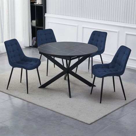 M&S – Ensemble table extensible effet marbre noir 110/150x110x76 cm – 4 chaises velours bleu 60x53x88 cm – Pieds métal noir