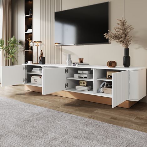Mueble para TV de MDF blanco 200x40x47.5 cm, 4 puertas con estantes regulables, esquinas redondeadas y pasacables (1/5)