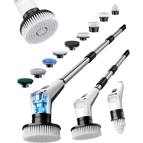 Brosse Nettoyage Électrique avec 9 Têtes, Manche Extensible, 3 Vitesses, Étanche IPX8, Batterie de 3000 mAh, Brosse Rotative Nettoyage avec Éclairage LED pour Salle de Bain, Cuisine, Sols (1/5)
