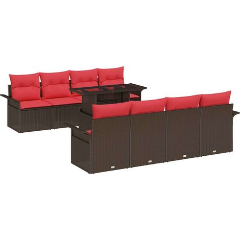 Gartensofa-set mit Kissen mit Speicher 9 pcs Braun Poly Rattan vidaXL