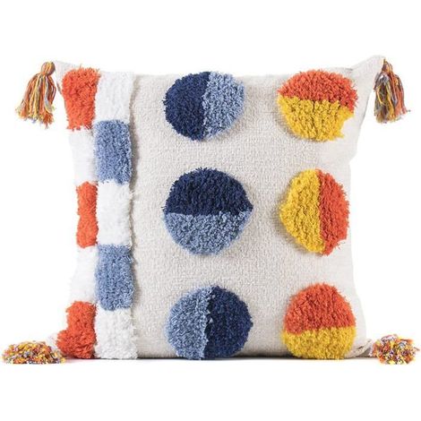 HOXILEELEO - Housse de coussin bohème avec pompons pour canapé, voiture, chambre à coucher, carré, style ferme, sans coussin (1/4)