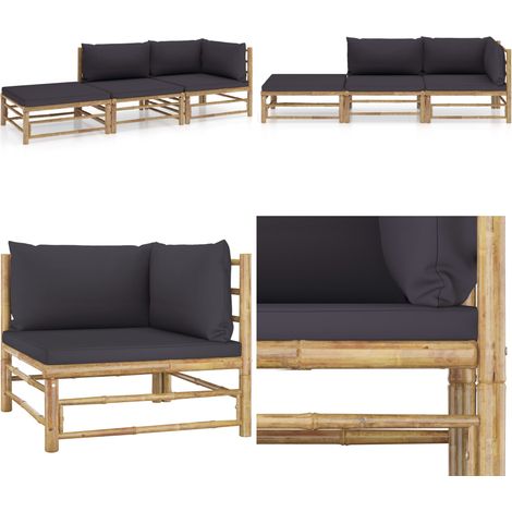 Set de muebles de jardín 3 piezas bambú y cojines gris oscuro - Cojines de jardín - Sofás de jardín