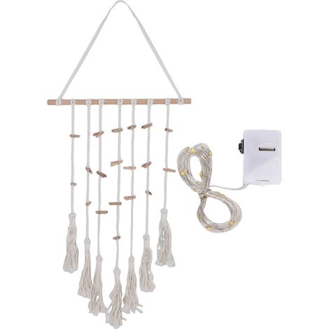 Présentoir photo mural bohème en macramé avec support pour cadres photo et cartes lumineux, idéal pour la décoration de chambre, avec 20 pinces en bois beige. (1/5)