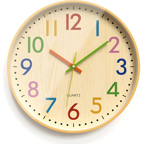 Orologio da parete per bambini da 30 cm, quarzo silenzioso (senza ticchettio), effetto legno, numeri colorati, ideale per l'apprendimento. Orologio da cucina moderno e creativo, perfetto per la camere (1/5)